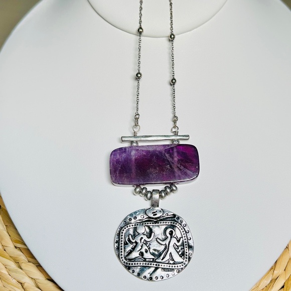 Jade & Jasper Jewelry - Detailed Boho Amethyst and Primitive Medallion Long Statement Necklace